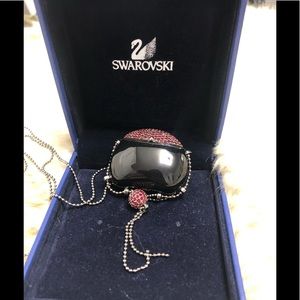 Swarovski red crystal, black enamel purse pendant